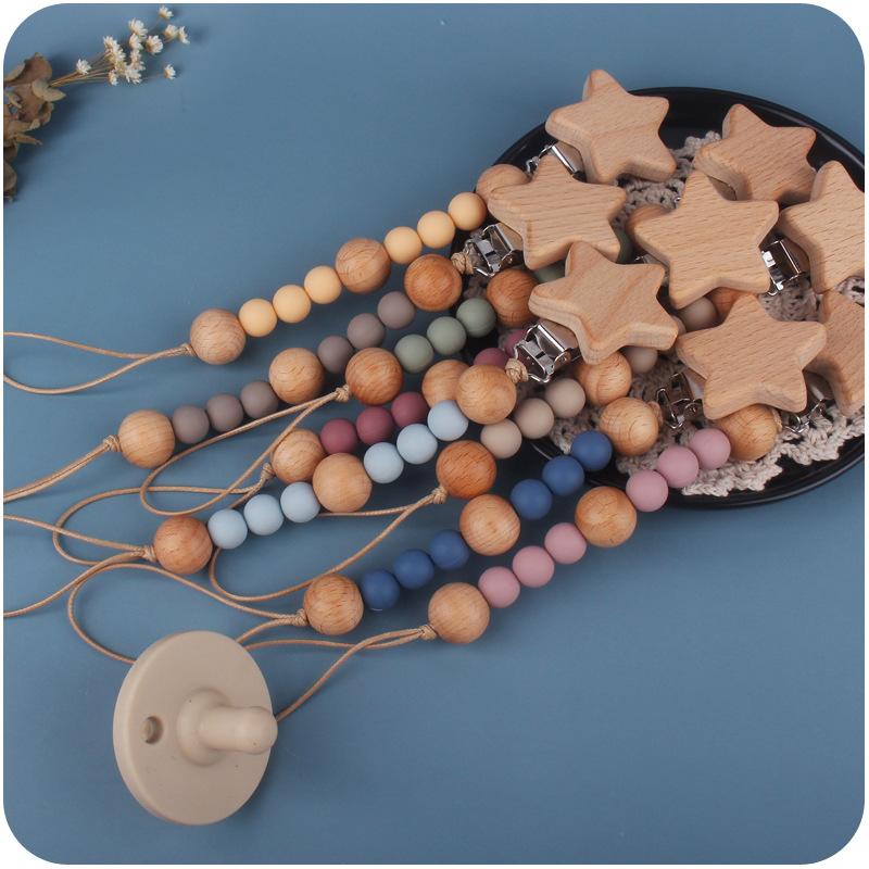 Baby Pacifier Clip Chain Wooden Star Holder Soother Pacifier Clip Leash Strap Nipple Holder For Infant Nursing Nipple Clip Chain