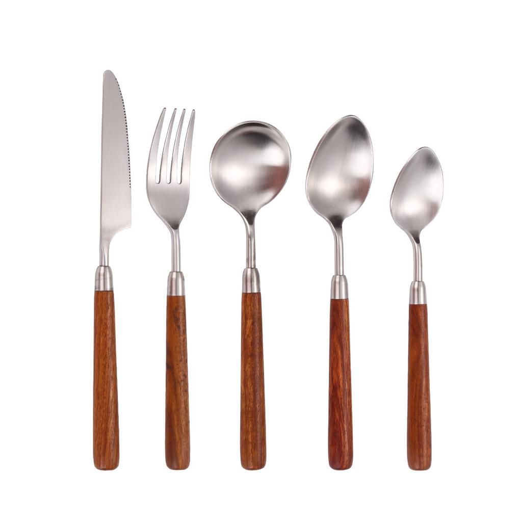 Solid wood handle western knife, fork and spoon set 304 stainless steel Japanese fork and spoon dessert spoon imitation rosewood tableware