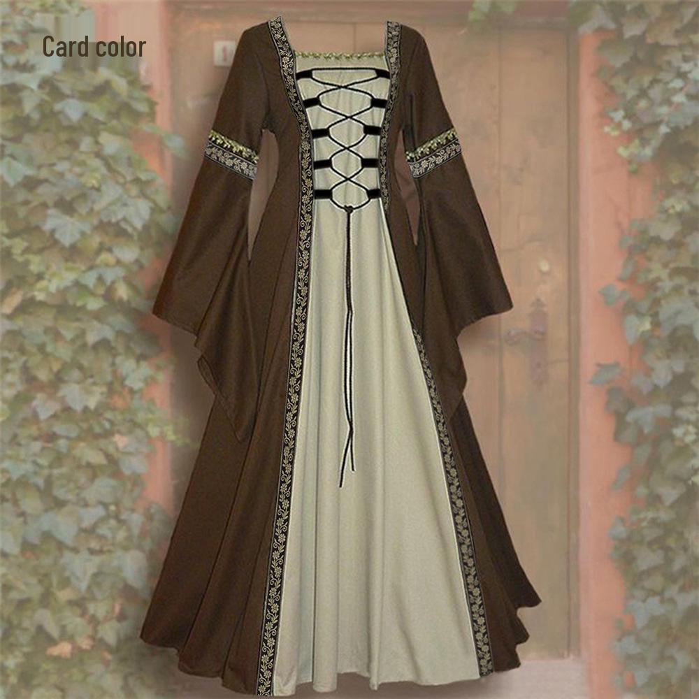 Vestido Medieval Gótico Retro de Cuadrado con Cordones y Mangas de Campana