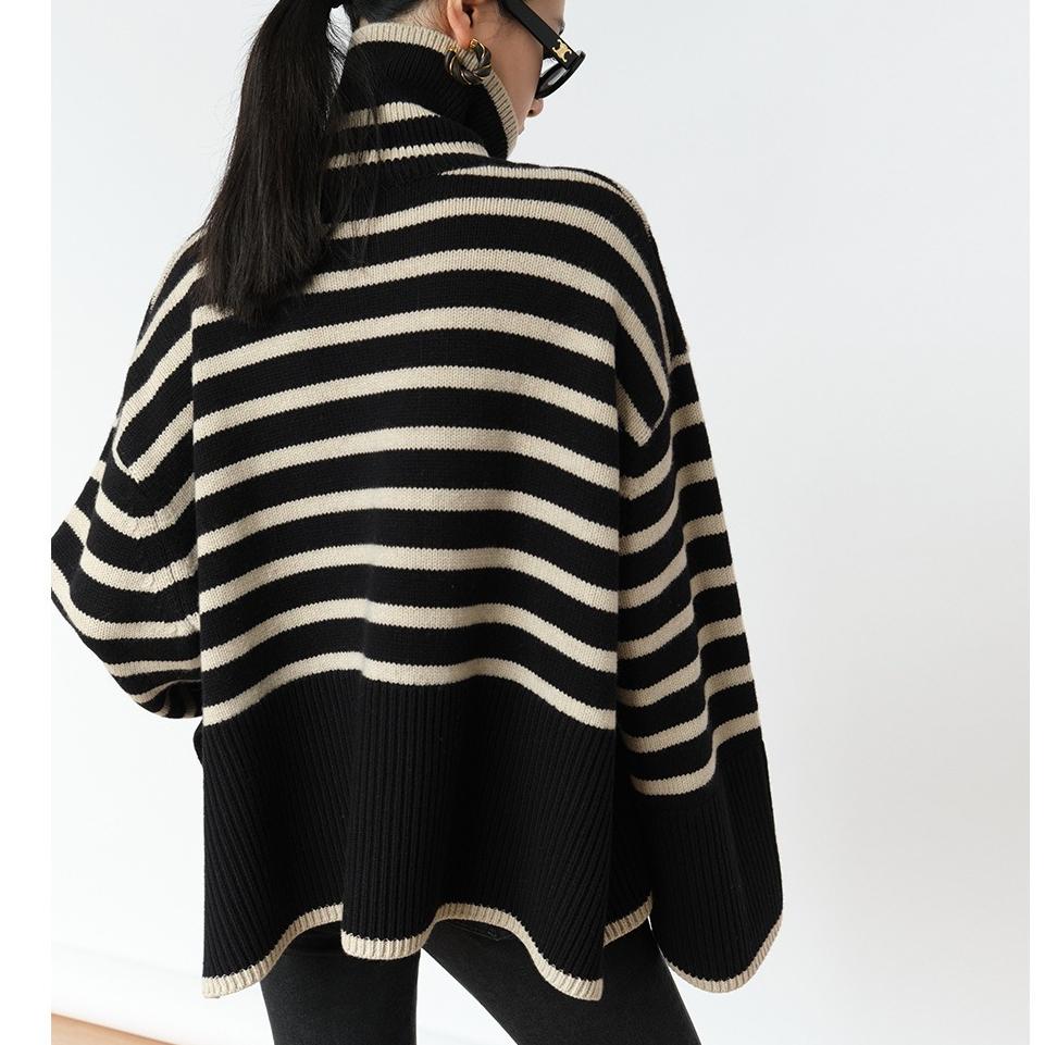 Korean Turtleneck Long-sleeve Knitted Pullover Women's Autumn Winter Loose Color Blocked Stripes Sweater Jacket Y2k Top Female