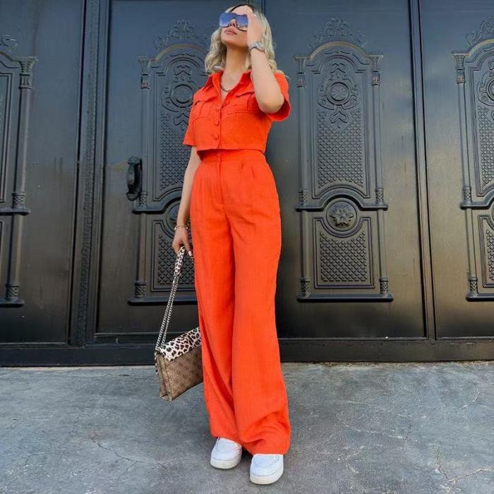 

Oumeisins Women s Fashion Solid Color Short Sleeve Lapel Shirt and Casual Pants Set XXL мандариновий/червоний