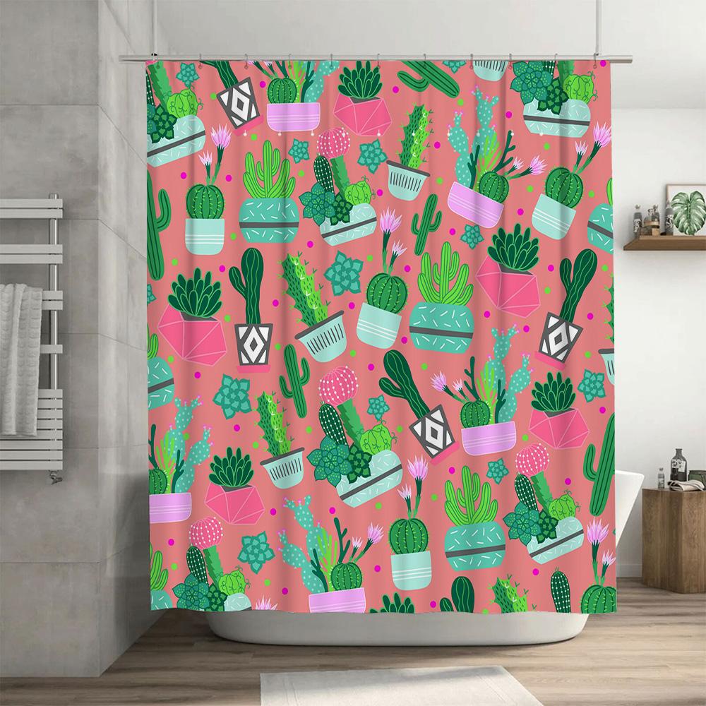 Vibrant Cactus Prints Shower Curtain Cute Bathroom Decor for Girls Women Pink with Greenery Pattern Made from Environmentally Fr