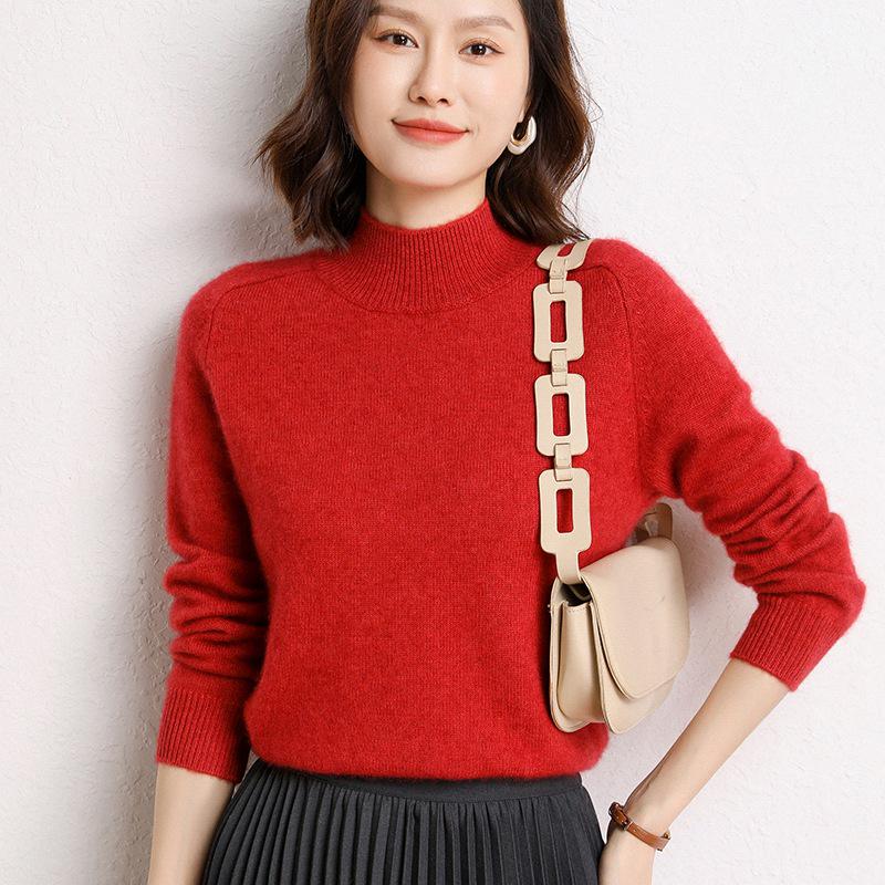 Women's Cashmere Saddle Shoulder Pullover - 2024 Autumn/Winter Thick Knit Half-High Neck Sweater