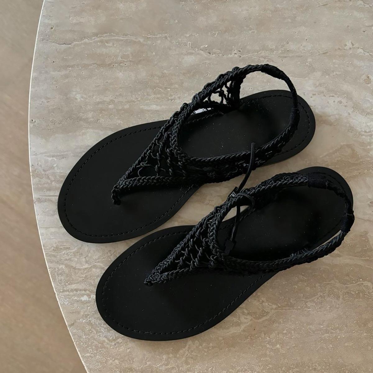 

Sheepskin version~ toe woven hollow flat sandals women s vacation beach leisure mesh Roman cool slippers outer wear 40