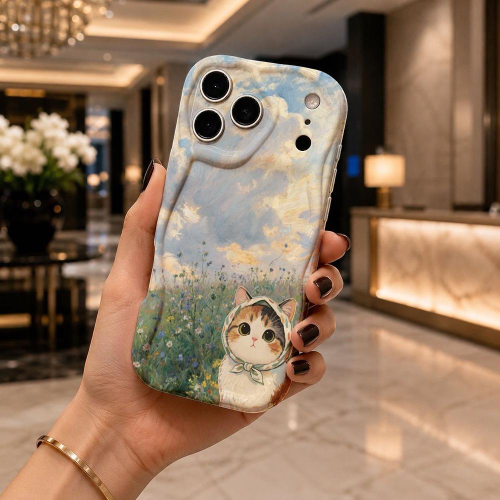Monet Style Meadow Kitten Frame Wavy Edge Phone Case For iPhone 16 15 14 Pro Max 13 12 11 Mini XR XS SE 2020 17 Air Cover Soft TPU