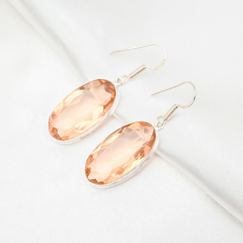 Morganite Earrings, Handmade Gemstone 925 Solid Sterling Silver Earrings Antique Jewelry, For Engagement Gift