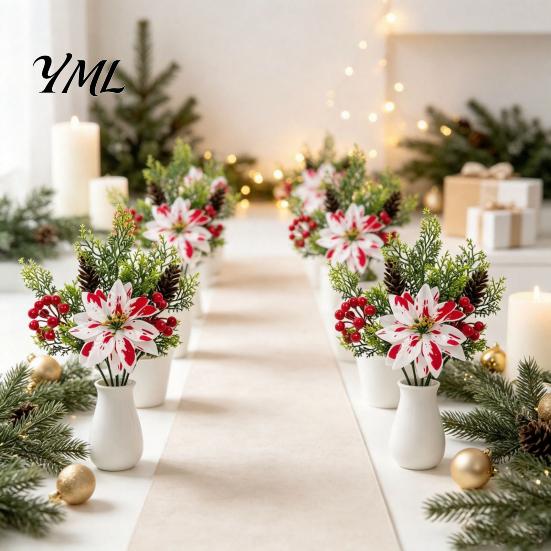 Home Interior Floral Accents 5 Heads Artificial Poinsettia Flowers, Christmas Fake Pine Berry Decoration, Flowers Fade-Resistant Red And White