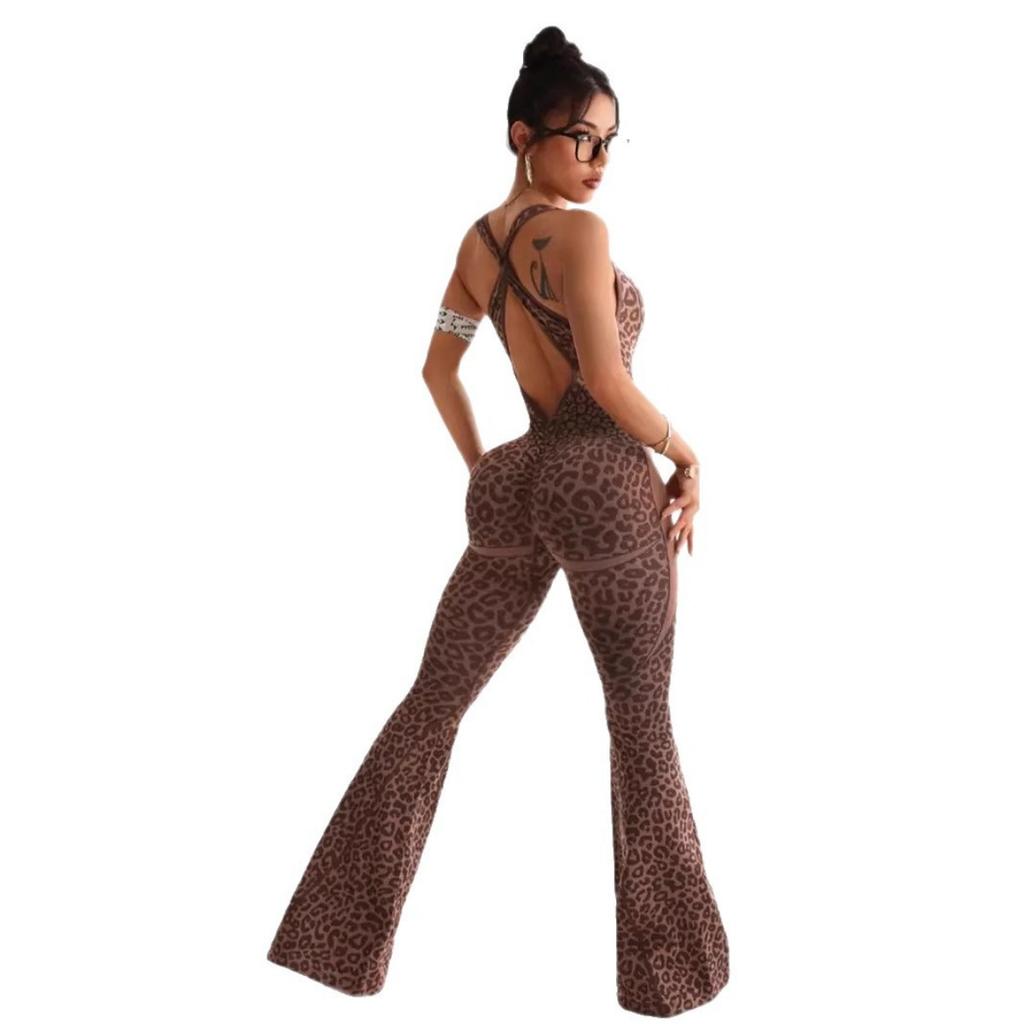 Neuer Jumpsuit mit Kreuzrücken und Leopardenmuster, ausgestellte Hosen, nahtlose Yogahose für den täglichen Gebrauch und Outdoor-Sportarten