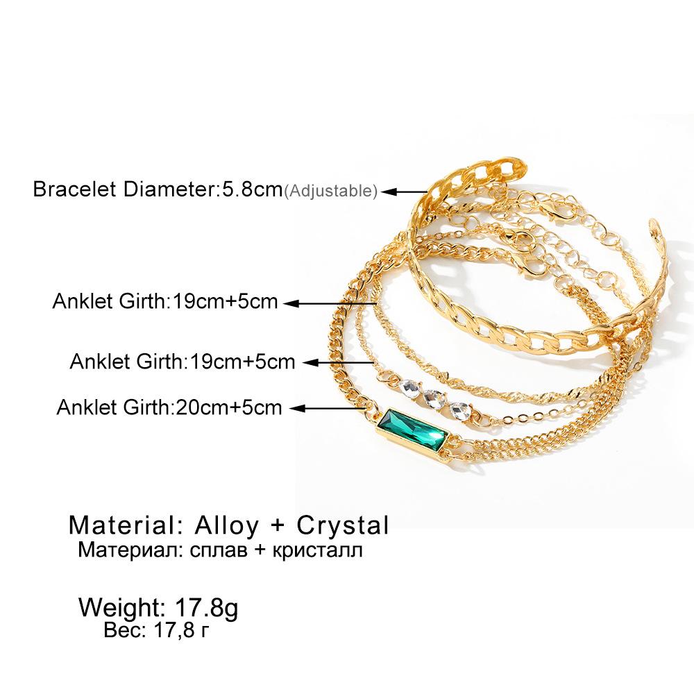 Fashion Multi-layer Bangle Set Artificial Crystal Chain Vintage Golden Chain For Women Green Square Water Droplet 4-piece Creative Bracelet