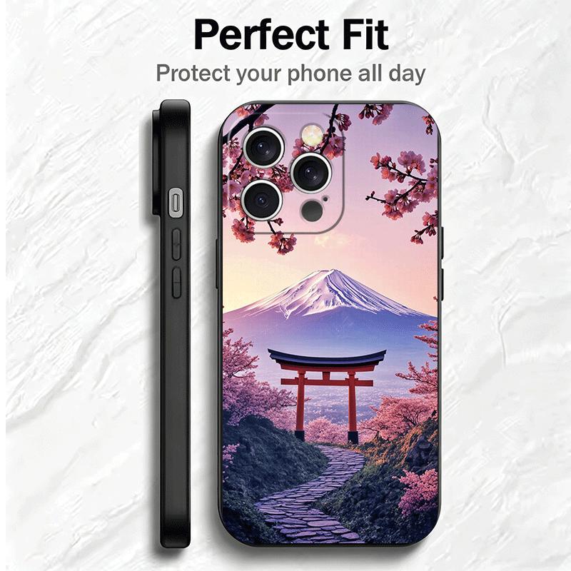 Japanese Pink Cherry Mount Fuji Soft Phone Case for iPhone 16 16E 17 Air 15 Pro Max 14 Plus 13 Mini 11 12 7 Black Cover Back She