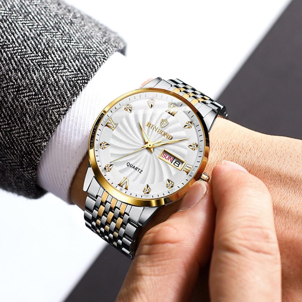 BINBOND Quartz Watches for Men Luxury Luminous Waterproof Precise Auto Date Week Display Men's Watch Casual Sturdy Reloj