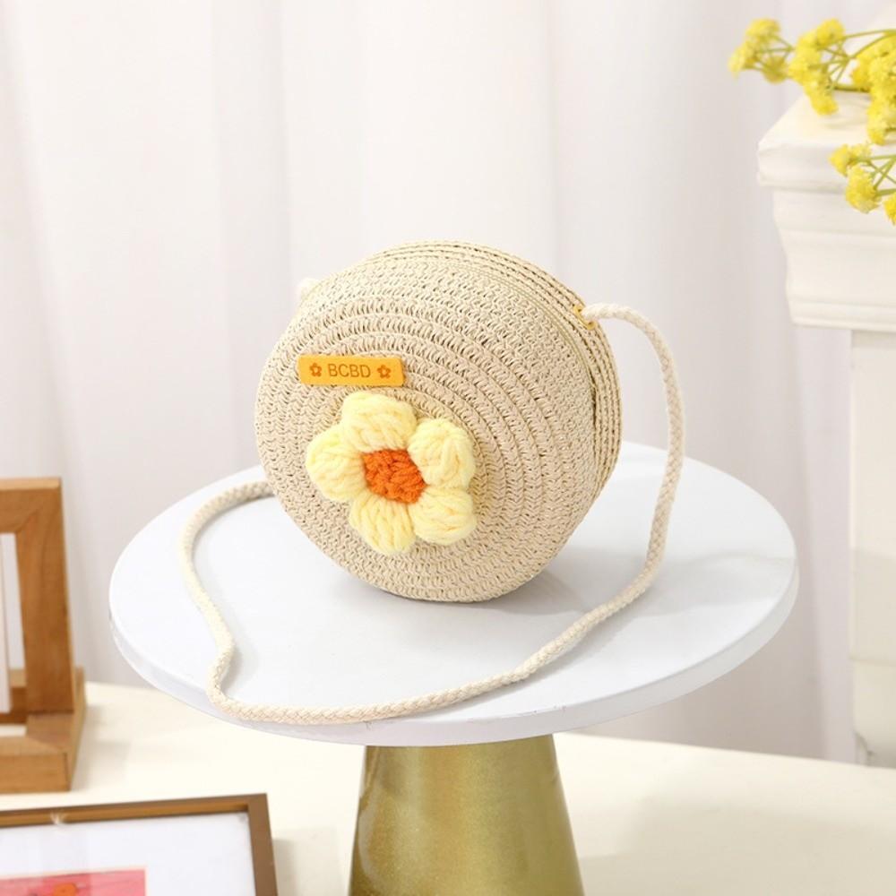 Cute Handmade Straw Bag Flower Shape Woven Shoulder Bag Summer Beach Bag for Children Girls