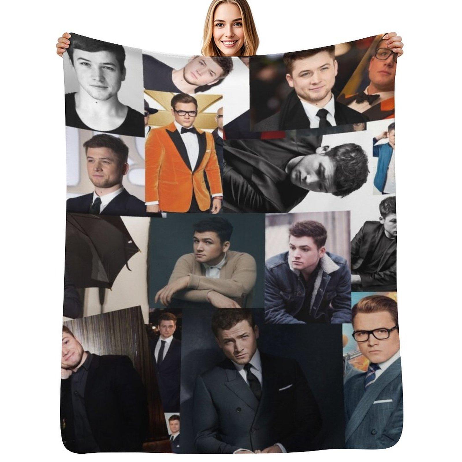Taron Egerton Abstract Photos Collage Throw Blanket Cozy Warm Blanket for Bed Room Decor Size: 75*100cm, Weight: 230 GSM