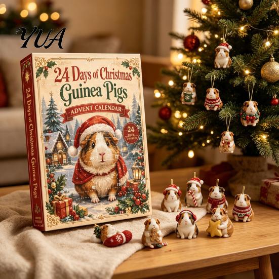 Holiday Home Decor Guinea Pig Advent Calendar, 24-Day Acrylic 2D Ornament Set with Cute Animal Figurine Christmas Outfits, Tree Hanging Decor,