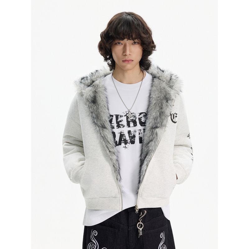 Blaexit Autumn and Winter Gothic Embroidered Cardigan Hooded Sweatshirt Men's Thickened American Style Fur Collar Jacket