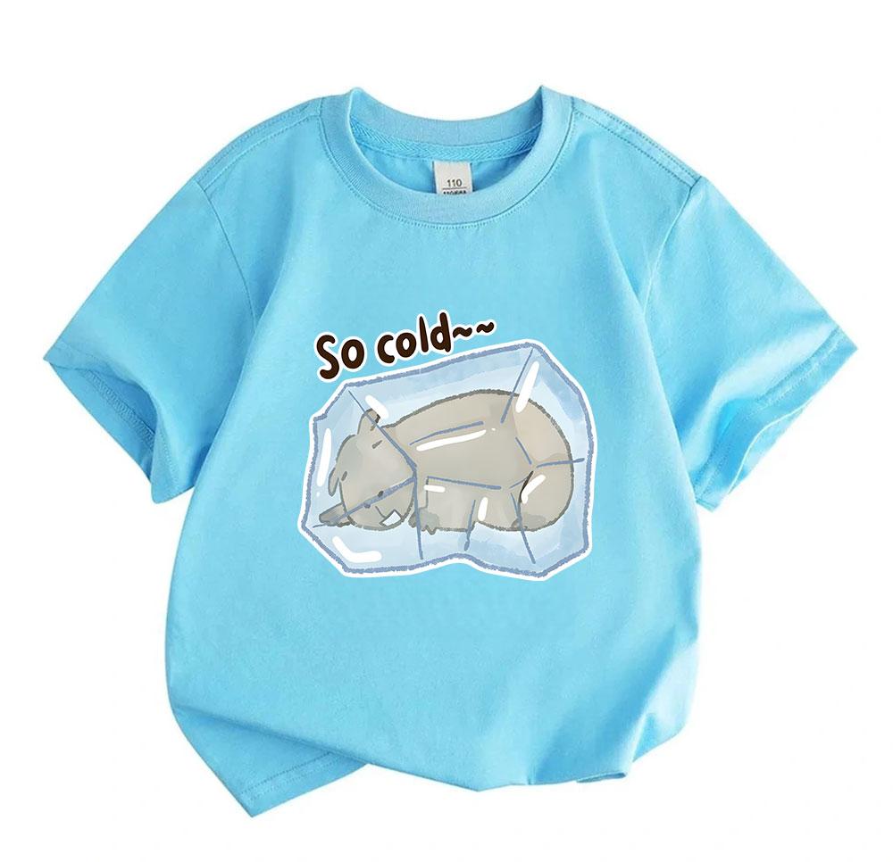 Kids Boys Girls 100% Cotton Crew Neck Short Sleeve T-Shirt, Cute Frozen Capybara Print Casual So Cold Pattern Soft Breathable Summer Tee for Daily Wea