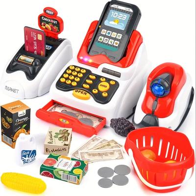 33-teilige Spielzeugkasse für Kinder mit Kassen-Scanner, Obst-Kartenleser, Kreditkartenmaschine, Spielgeld, Lebensmittel-Einkaufs-Spielset