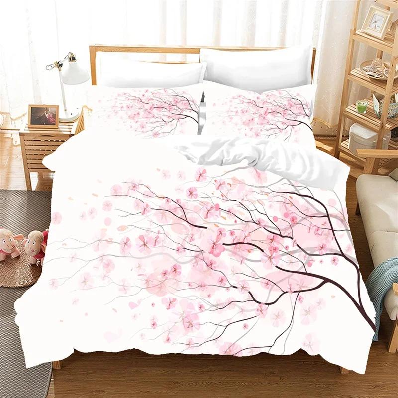 Plum Blossom Red Flower Floral Comfortable Duvet Quilt Cover Pillowcase Bedding Set Children Bedroom Decoration Home Textile