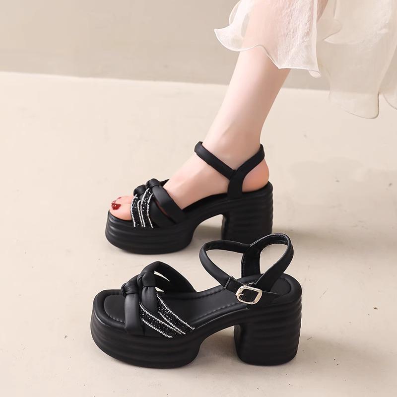 

French word with sandals women 2025 new versatile summer fashion thick heel fairy style with skirt high heels 40 чёрный