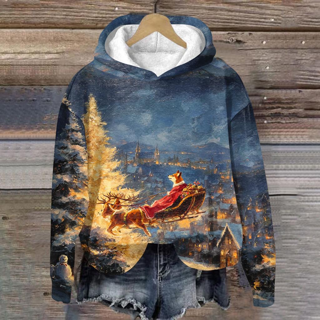 Women's Fashion Long Sleeve Christmas Print Loose Hooded Sweatshirt Top