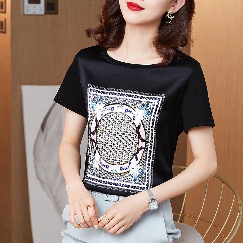 

2022 Women s Summer White Printed Short Sleeve Fashionable Round Neck Casual T-shirt Large чёрный