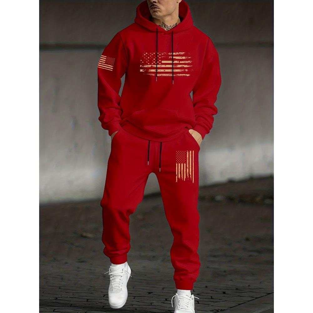 Fashionable Men's Casual Suit with Flag Pattern Printed Drawstring Hoodie and Drawstring Sports Pants Set, Suitable for Outdoor Travel