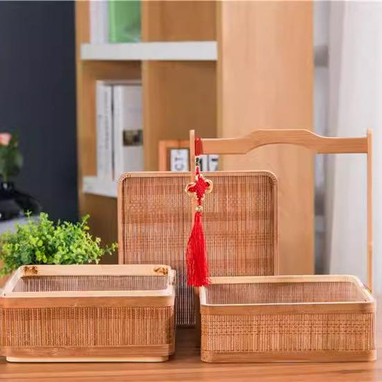 Antique-Style 2-Tier Bamboo Snack Basket with Handle