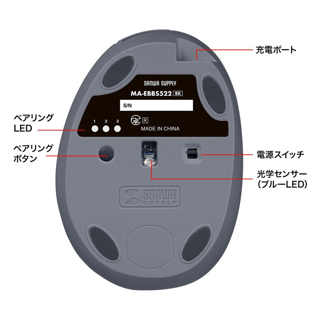 Sanwa Supply Quiet Bluetooth Compact Ergonomic Mouse 5 MA-EBBS522BK (Rechargeable, Buttons, Black)
