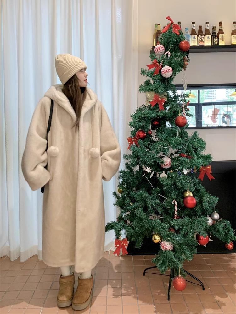 Warm Hooded Thickened Long Plush Fur Coat Women's Winter Faux Fur Coat Long Sleeves Casual Furry Coat