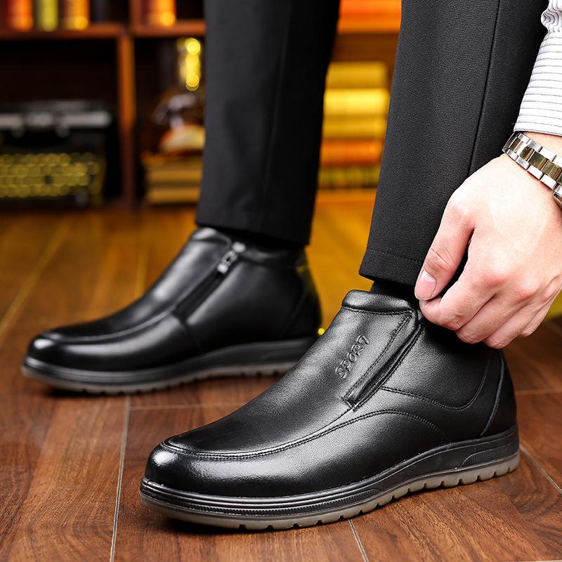 Pánské ležérní bavlněné boty z pravé kůže, zateplené sametem, Pánské boty pro střední a starší věk, Vlněné zateplené pánské sněhule