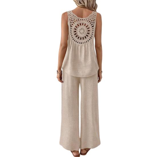 Women Summer 2 Piece Outfits Back Tank Top Sleeveless Hollow And Wide Leg Pants Set Boho