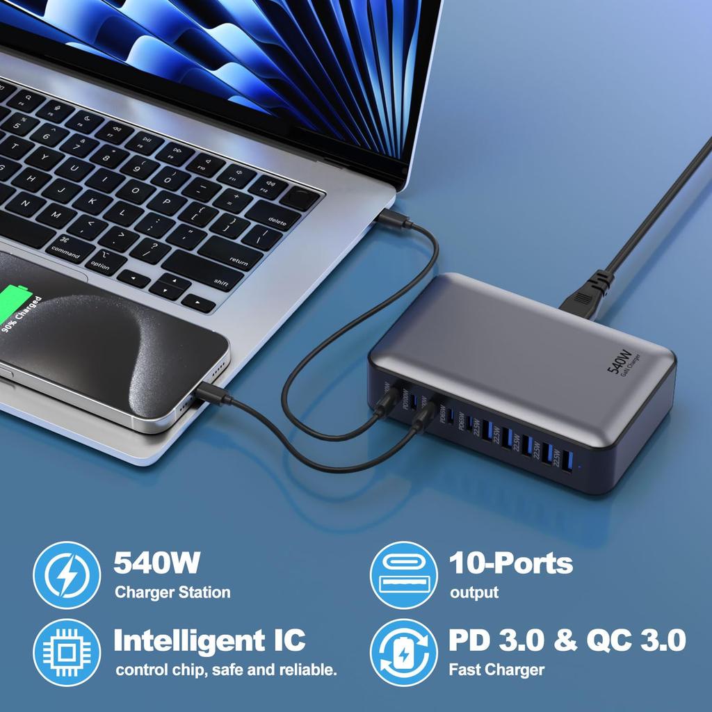 540W GaN High Power Multi-Port Fast Charger Multiple Charging Station for Iphone, for MacBook, for Samsung Etc