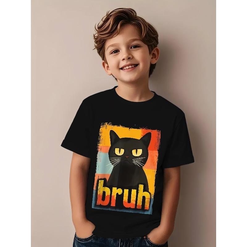 Boys Crewneck Short Sleeve T-Shirt, Funny Bruh Black Cat Meme Vibrant Print Casual Tee 110 чёрный