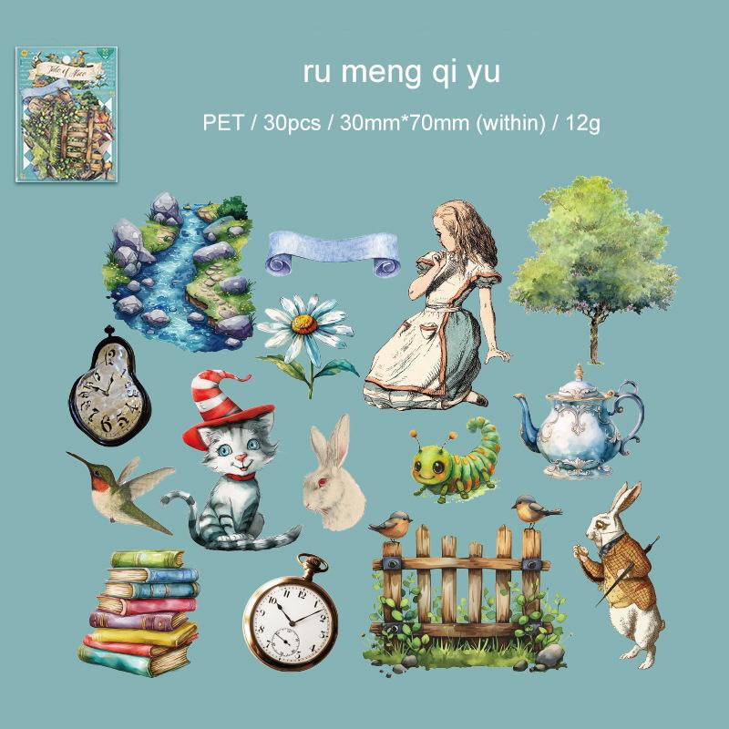 JIANWU Alice Story Series Vintage Fairy Tale Character Flower Landscaping PET Sticker Creative DIY Journal Collage Stationery