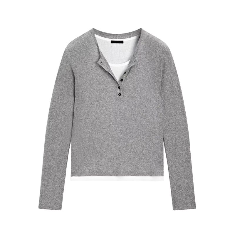 MD Spring New Women's Clothing Comfortable Cotton Bottoming Shirt Fake Two-Piece round Neck Long Sleeves T-shirt Tops 6298755