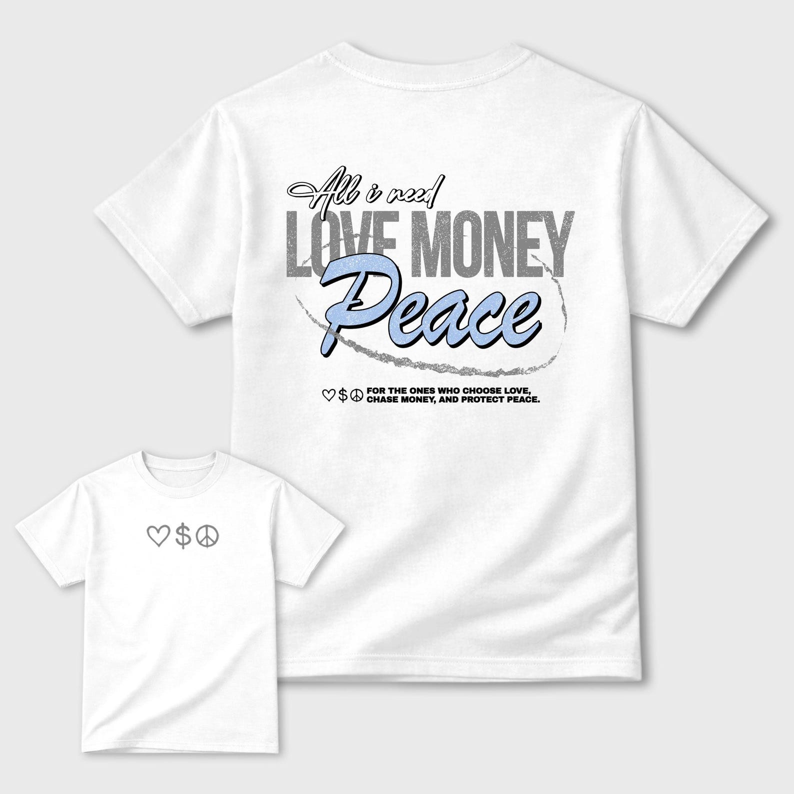 Love Money Peace graphic tee. Streetwear Brand Graphic T-Shirt. 5s Retro White Metallic 4XL