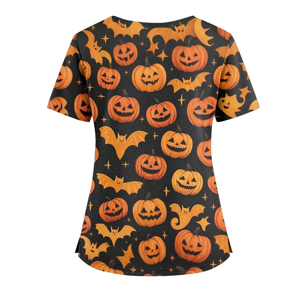 Dámské volné tričko s krátkým rukávem, módním halloweenským potiskem, výstřihem do V, zapínáním na knoflíky a bočním rozparkem