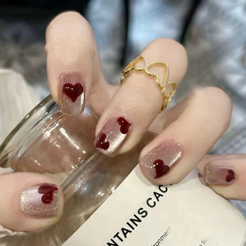 Design #1341 #1347 Handmade Red Heart Pink Manicure Set False Finger Nails Full Cover Artificial Press on Nails Tips Women