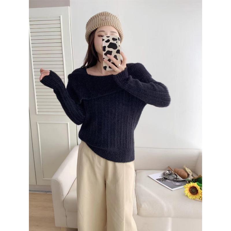 

Темпераментный дизайнерский сенс свитер с открытым плечом из имитации норкового бархата, трикотажный топ, осенний новый свитер пуловер для женщины one size fits all чёрный