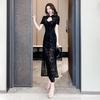 Women's Keyhole Mandarin Collar Short Sleeve Midi Qipao Dress Slim Mid Rise Elegant Floral Embroidery Mesh Cheongsam With Side Slit