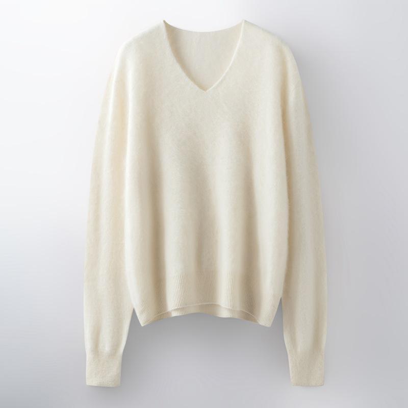 Women's Brushed Wool V-Neck Long-Sleeve Sweater: Autumn/Winter Loose Slimming Knitted Pullover Top
