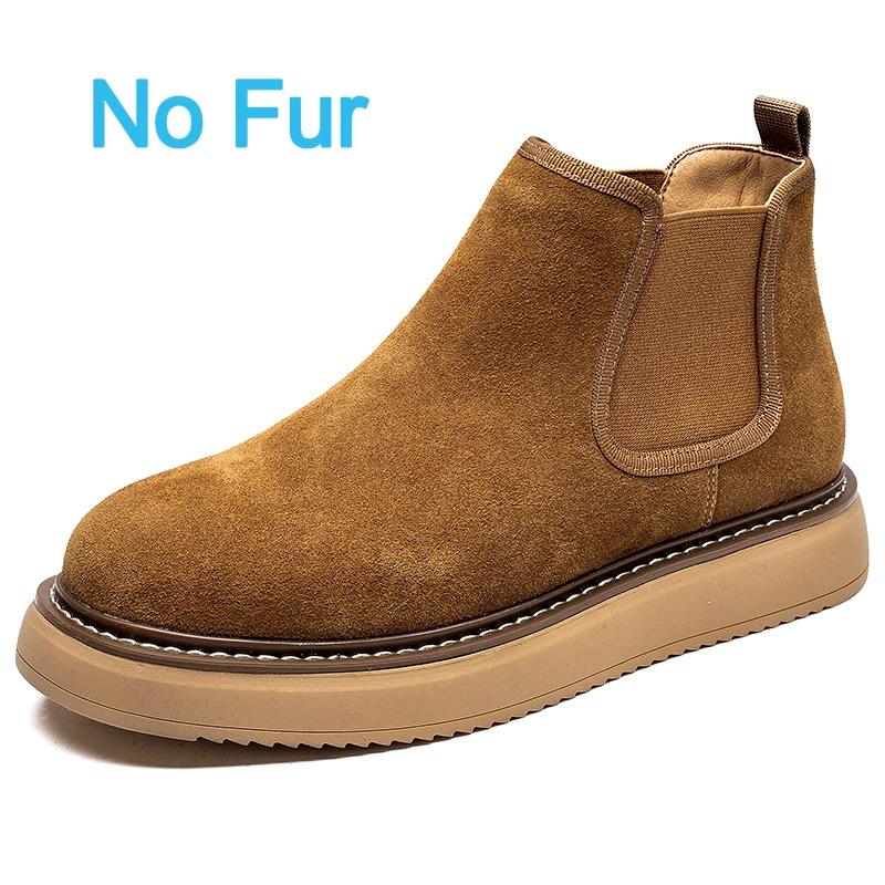 Fashion Genuine Leather Men Winter Short Plush Boots British Style Warm Casual Leather Thick Bottom Winter Shoes Outdoor Walking Shoes
