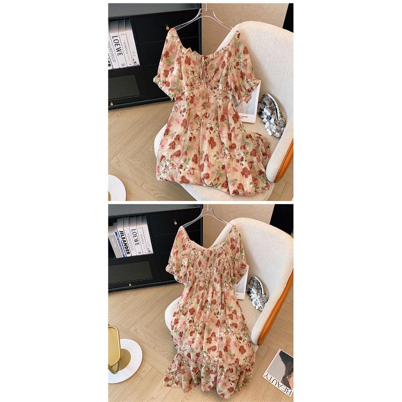 Dámské letní květinové šaty plus size s U výstřihem, módní, volné, s krátkým rukávem