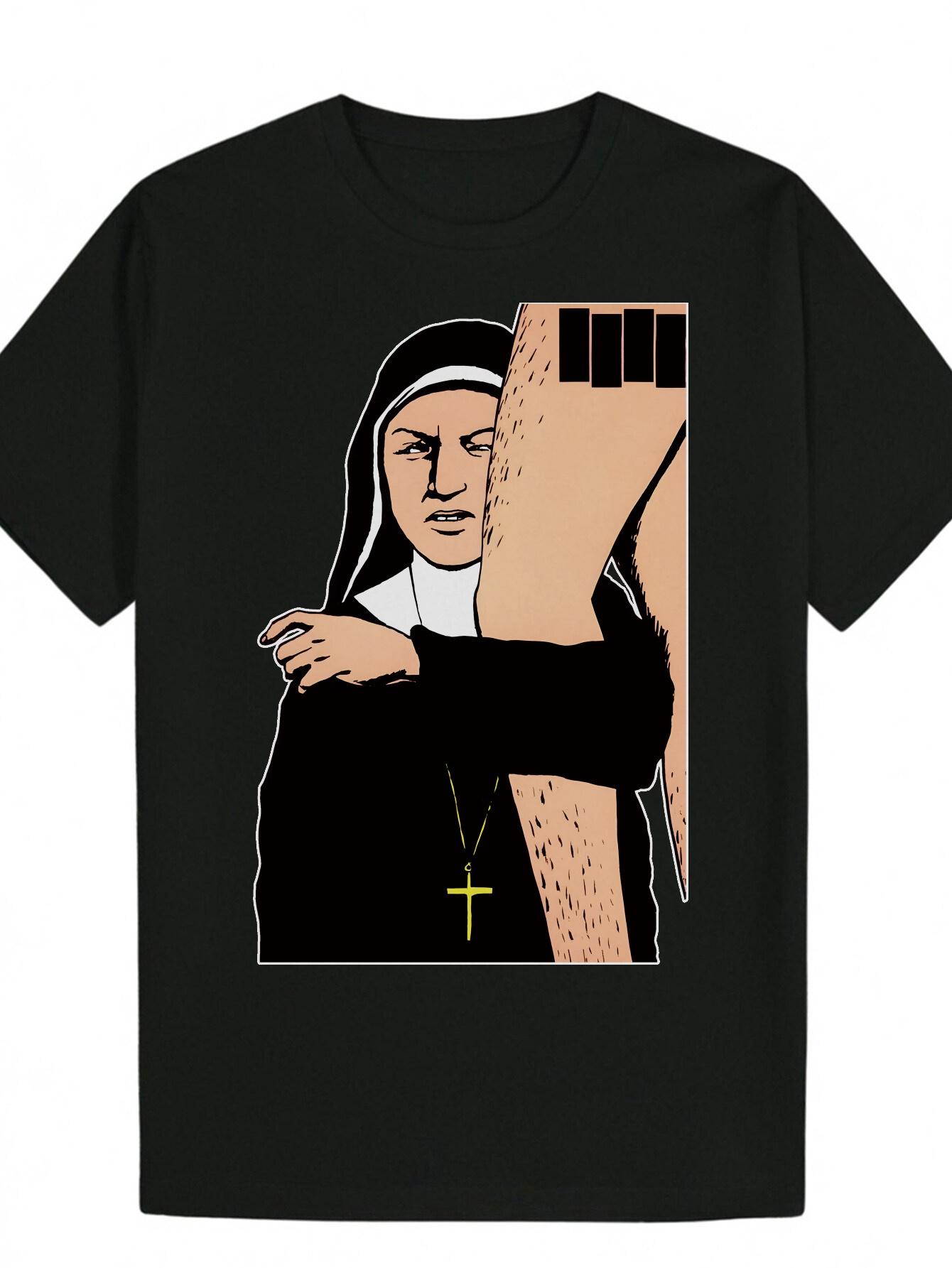 Crew Neck T-shirt - Nun Portrait Print XXXL