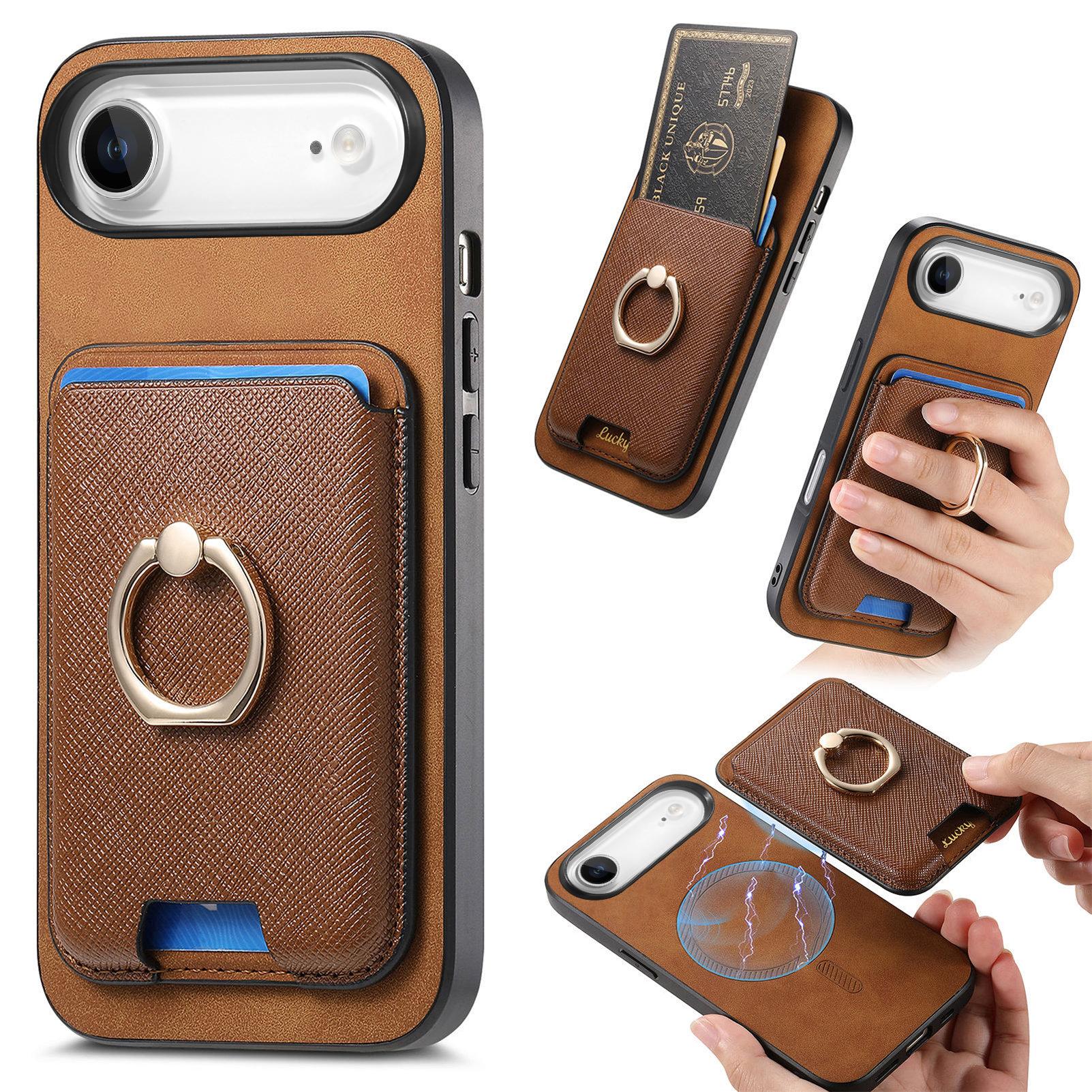 

For iPhone 17 Air Magnetic Case Detachable Card Bag Leather Back Cover with Kickstand Brown