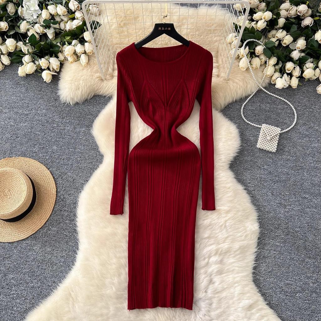 Szykowna Moda Seksowna Sukienka Dzianinowa z Długim Rękawem, Opakowująca Biodra, Damska Jesienno-Zimowa Sukienka Swetrowa, Streetwear, Obcisłe Stroje