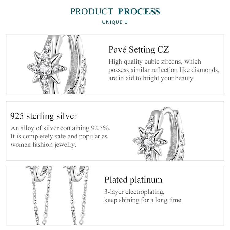 BAMOER 925 Sterling Silber Stern-Creolen, lange Quasten-Ohrschnallen, Pavé-Fassung, CZ für Damen, feiner Schmuck
