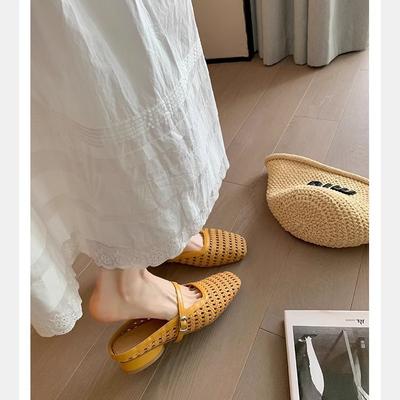 Grape Mother Has the Same Southern French Style~ Retro Woven Hollow Square Head with Versatile Sandals Muller Half Slippers