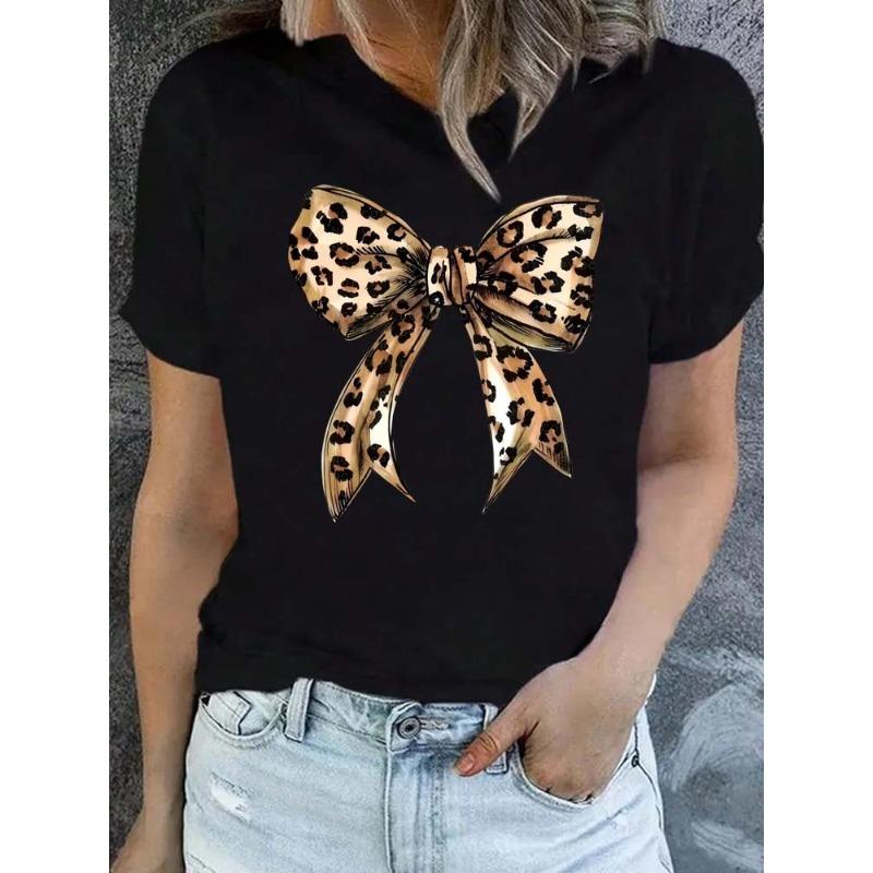 Summer Leopard Print Bow Short Sleeve Print Clothing Women s T-Shirt Harajuku Graphic Clothing Women s Tee S