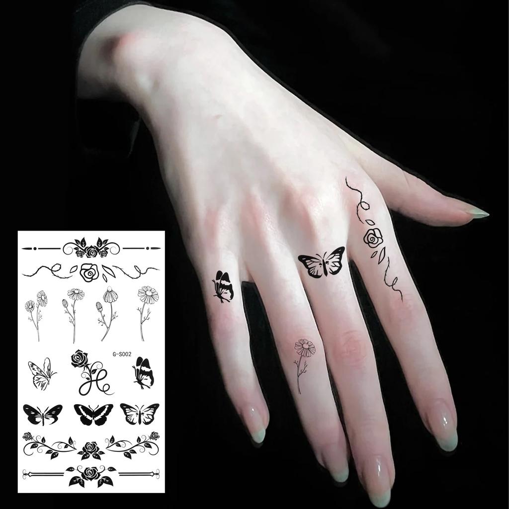 10pcs Finger Temporary Tattoo Sticker Black Butterfly Flower Body Arts Waterproof Magic Mini Pattern Semi Permanent Stickers